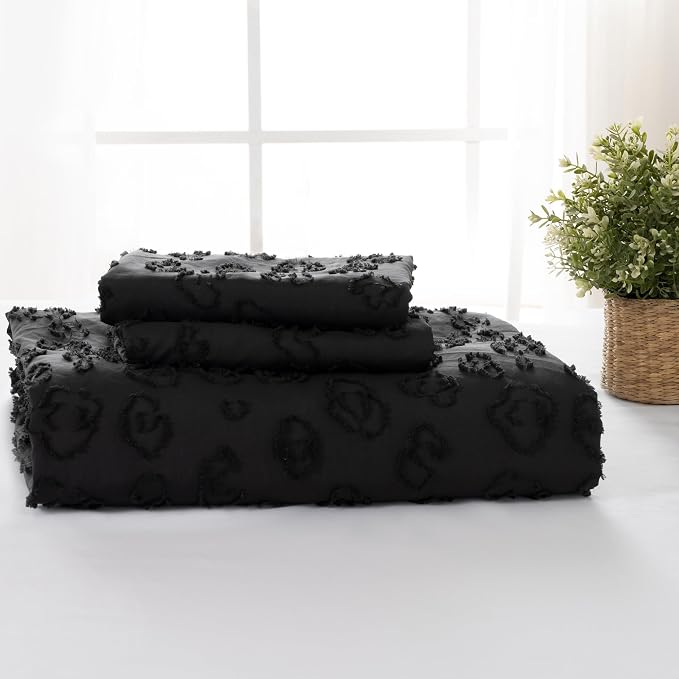 ROSE&RISY Black Leopard Jacquard Textured Queen Duvet Cover Set, 3 Pieces Soft Tufted Bedding Queen Set All Seasons, Breathable and Cozy, Includes 1 Duvet Cover, 2 Pillowcases (Black, King Size)