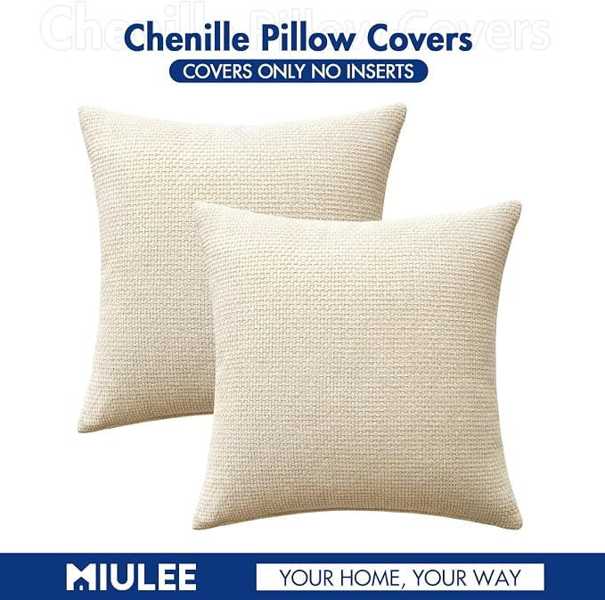 MIULEE Decorative Couch Throw Pillow Covers 16x16 Inch Neutral Cream 2 Pack | Modern Boho Accent, Soft Chenille Pillow Covers, Farmhouse Cushion Cases for Home Decor Bed Sofa Living Room
