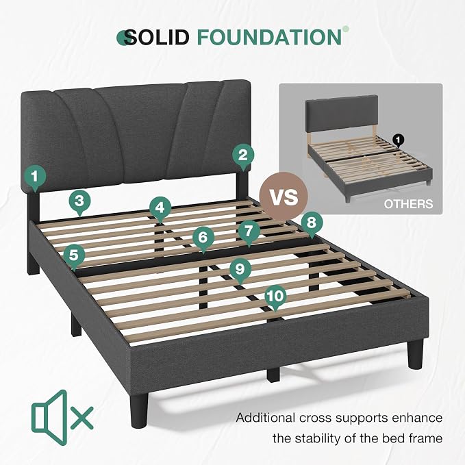 Novilla Queen Size Bed Frame Upholstered Queen Bed Frame with 3-Height Adjustable Headboard, Strong Weight Capacity, No Box Spring Needed, Easy Assembly, Grey