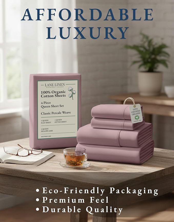 LANE LINEN Queen Sheet Set 100% Organic Cotton Soft 4pc Percale - Lilac | Queen Sheet Set, Organic Cotton Percale - Crisp, Cool & Breathable, For Hot Sleepers, All-Season Comfort, For Master Bedrooms