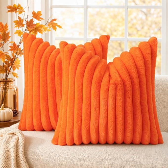 decorUhome Fall Faux Fur Throw Pillow Covers 18x18 Set of 2 Orange | Decorative Soft Cozy Striped Plush Modern Farmhouse Boho Couch Pillow Cases Velvet Back for Sofa Bed Living Room Home Decor