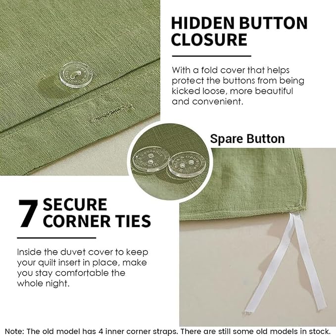 Simple&Opulence 100% Washed Linen Duvet Cover Set 5pcs(1 Duvet Cover& 2 Shams& 2 Pillowcases) Basic Style Natural French Flax Soft Breathable Farmhouse Bedding (King, Sage Green)