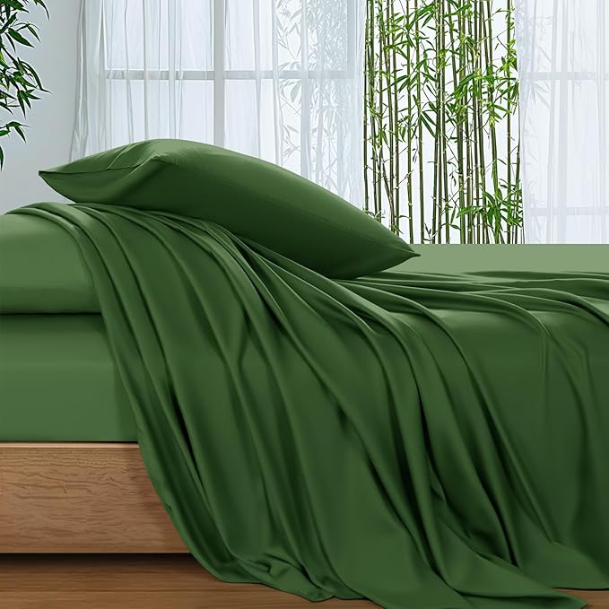 SONORO KATE 100% Viscose Derived from Bamboo_Sheets Cal King Size,4PC | Cooling Bed Sheets for Hot Sleepers,Soft Breathable & Silky,16" Deep Pocket,Luxury Hotel Bedding,Olive