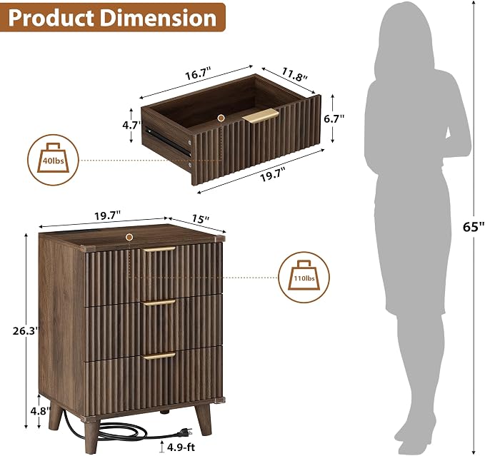 Wood Nightstands Set of 2 w/Charging Station, 3 Drawers Fluted Dresser | Walnut, Large Drawers, Metal Silent Rails, FSC Wooden, Sturdy Legs, Modern Fluted Panel, Living Room, Bedside Table