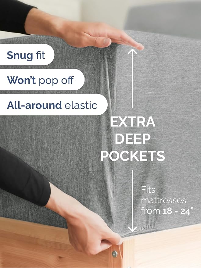 Extra Deep King Fitted Sheet - Single Fitted Sheet Only - Heathered Grey | Easily Fits 18 inch to 24 inch Mattress, Soft, Wrinkle Free, Breathable & Comfy, Extra Deep Pockets Hotel Luxury Fitted Sheet