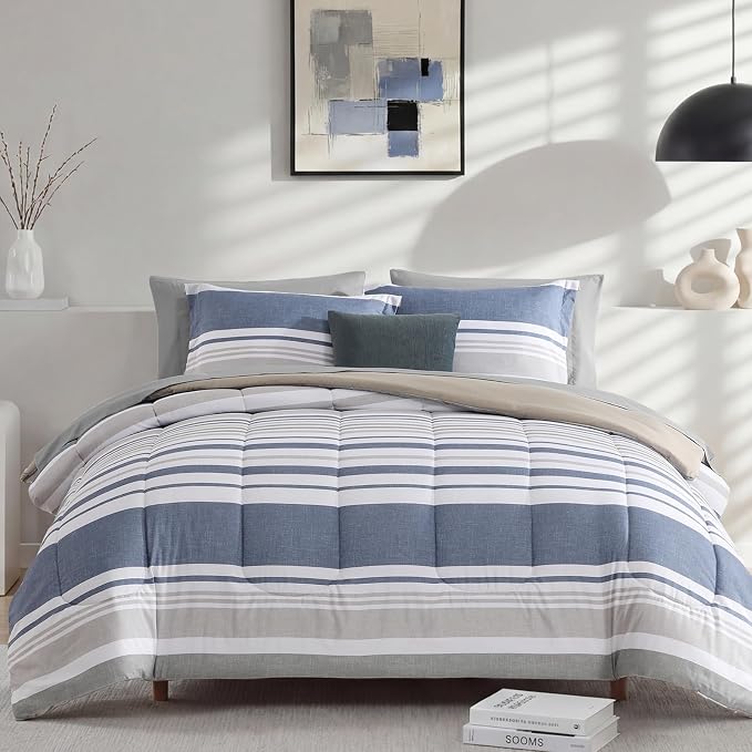 Monbix Twin XL Comforter Set-5 Piece Striped Bed in a Bag Twin Bedding Sets | All Season Ocean Blue Reversible Soft Comforter with Sheets, Pillowcases & Shams, College Dorm Essentials