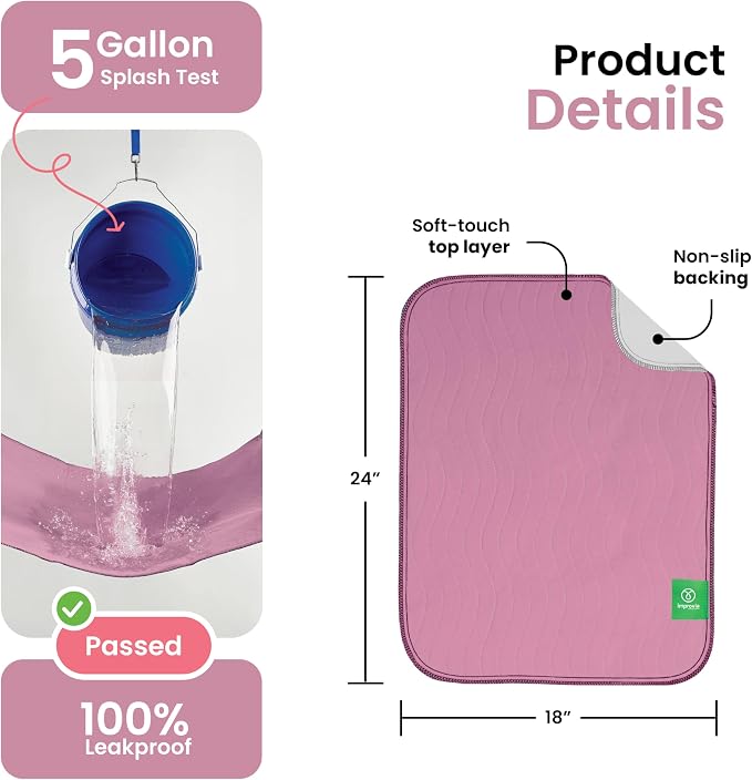 IMPROVIA® Washable Underpads, Heavy Absorbency Reusable Incontinence Pads for Kids, Adults, Elderly, and Pets, Waterproof Protection Floor (Pink and White, 18" x 24" - Pack of 4)