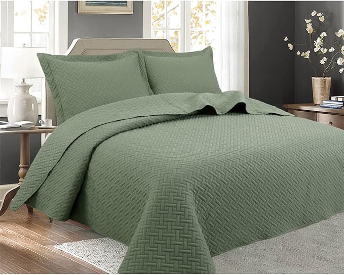 Legacy Decor 3 Pcs Pinsonic Reversible Coverlet Queen Size, Sage | Squared Stitched Bedspread Coverlet, All Season, Oversized, 3 PCS Set, Queen Size, Sage Color