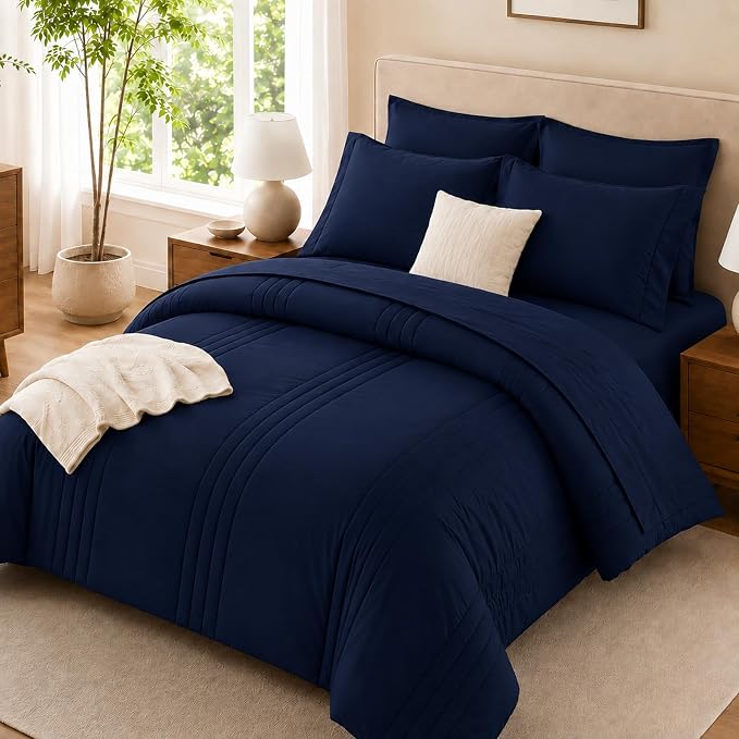 Full Comforter Set Navy - Bed in a Bag Full Size 7 Pieces, Soft Bedding Set for All Seasons, Premium Comforter Set with Comforter, Sheets, Pillowcases & Shams