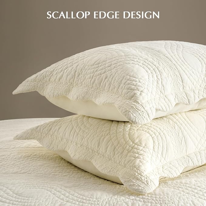100% Cotton Scallop Quilt Set, King Size, Ivory Cream | Scalloped Border, Timeless Chic Aesthetic, All-Season Comfort, Perfect French Country Bedroom Decor, 3 Piece Set with 2 Shams