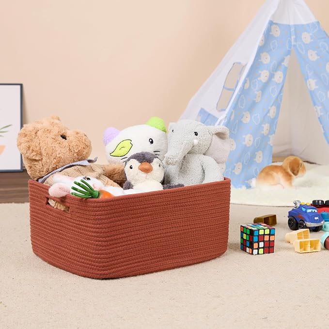 MiniArk Large Storage Baskets for Shelves, 17 x 13 x 7.5” Closet Organizers Bins for Clothes Blanket Towels, Baby Nursery, Toy Baskets Box, Woven Rope Baskets, 2 Packs Oxide Red