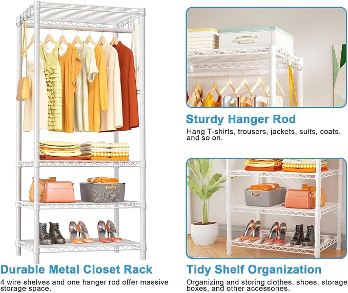 Ulif H4 Mini Portable Closet, 4 Tiers Freestanding Clothing Garment Rack for Small Space, Metal Clothes Wardrobe System for Bedroom, 23.6" W x 14" D x 76.4" H, Load 502 lbs, White | Metal Clothes Wardrobe System for Apartment, Small Space and Bedroom, ...
