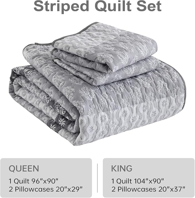Cottolester Boho Queen Quilt Bedding Set,Teal Striped Lightweight Bedspread | Soft Microfiber Coverlet,Breathable All-Season,Machine Washable,3-Piece Set,Fits Queen 96"x90",Cozy Essential for Men Women