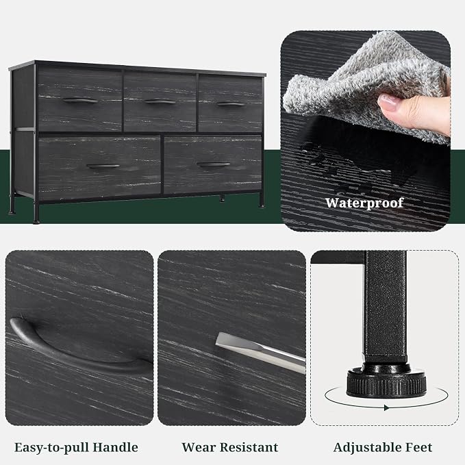 5-Drawer Dresser for Bedroom, Anti-Tip Wide Storage Organizer Fabric | Chest of Drawers TV Stand for 45" TV with Wooden Top Metal Frame for Closet, Living Room, Hallway, Entryway, Charcoal Black