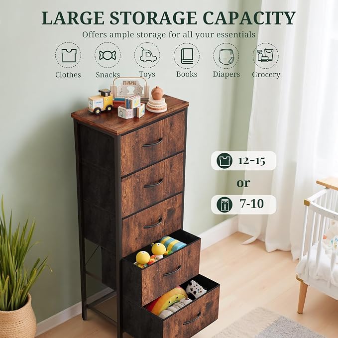 5 Drawers Dresser for Bedroom Fabric Storage Tower with Wooden Top | Steel Frame Tall Chest of Drawers for Closet, Entryway, Dorm, Brown