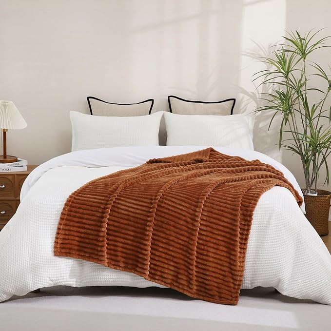 Burnt Orange Fleece Throw Blanket 50”×70” for Couch Sofa Livingroom | Super Soft Cozy Plush Microfiber Flannel Bed Blanket Striped Design Lightweight Home Decor Gifts for Adults Mom Women