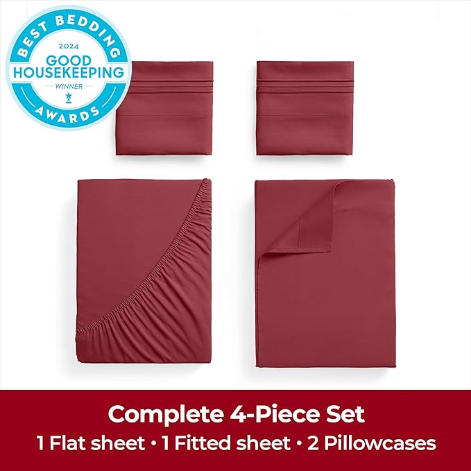 Mellanni Extra Deep Full Sheets - 4 PC Iconic Collection Bedding | Hotel Luxury, Ultra Soft, Cooling Bed Sheets - Wrinkle, Fade, Stain Resistant (Full, Brick Red)