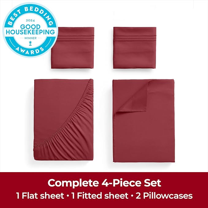 Mellanni Extra Deep King Sheets - 4 PC Iconic Collection Bedding | Hotel Luxury, Ultra Soft, Cooling Bed Sheets - Wrinkle, Fade, Stain Resistant (King, Brick Red)