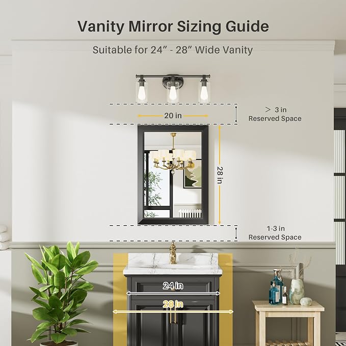 Black Metal Framed Bathroom Wall Mirror, 20x28 Inch | Anti-rust, HD tempered glass, for bathroom vanity, bedroom, living room, horizontal or vertical mount