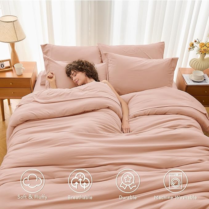 7 Pieces California King Comforter Set, Soft Bed in a Bag Cal King Size, All Season Bedding Set with Comforter, Flat Sheet, Fitted Sheet, Pillowcases & Shams, Rose Gold