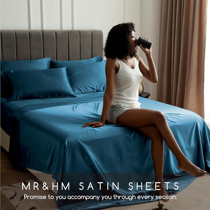 MR&HM Satin Sheets Twin XL Size with Elastic Corner Straps, Teal | Similar to Silk, 3-Piece Silky Soft Bed Sheet Set, Gentle on Skin and Hair, 15" Deep Pocket, Cooling & Breathable