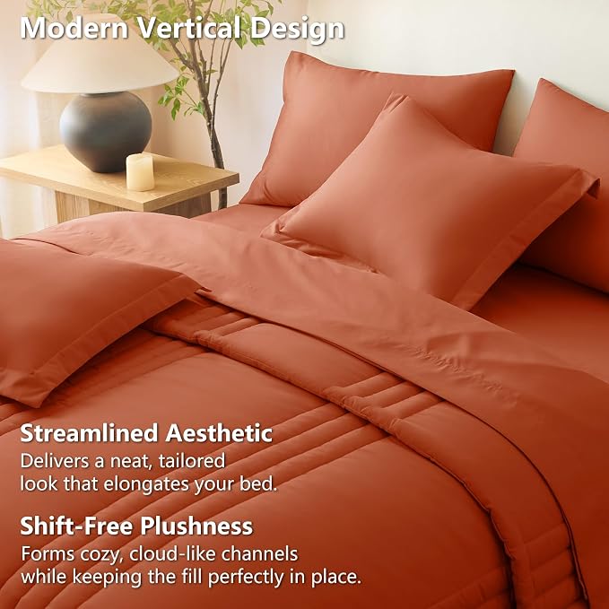 Queen Comforter Set Burnt Orange - 7 Pieces Bed in a Bag | OEKO-TEX Certified, 240GSM Down-Alternative Comforter, 14" Deep-Pocket Sheets, Shams & Pillowcases, Lightweight