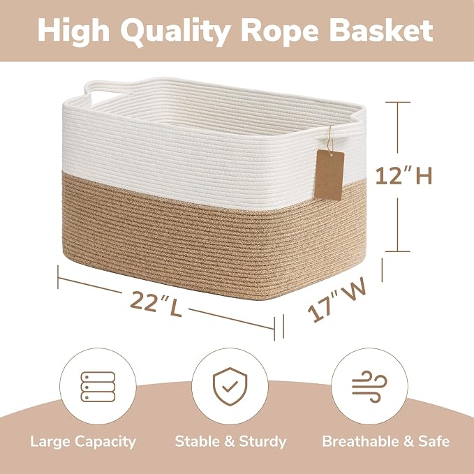 Goodpick 75L Extra Large Woven Rope Blanket Basket, Rectangle, Jute | 22" × 17" × 12" Decorative Storage Basket for Pillows, Toys & Daily Essentials, Fits Living Room, Bedroom & Home Decor