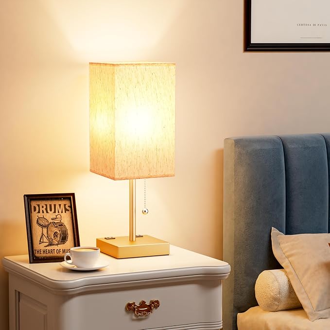 Gold Bedside Lamp for Bedroom - 3 Color Temperatures, USB A+C, 2 AC Outlets | Pull Chain Switch, LED Bulb Included, Cream Fabric Shade, 17.4" Table Lamp for Nightstand, Desk, Living Room, Office