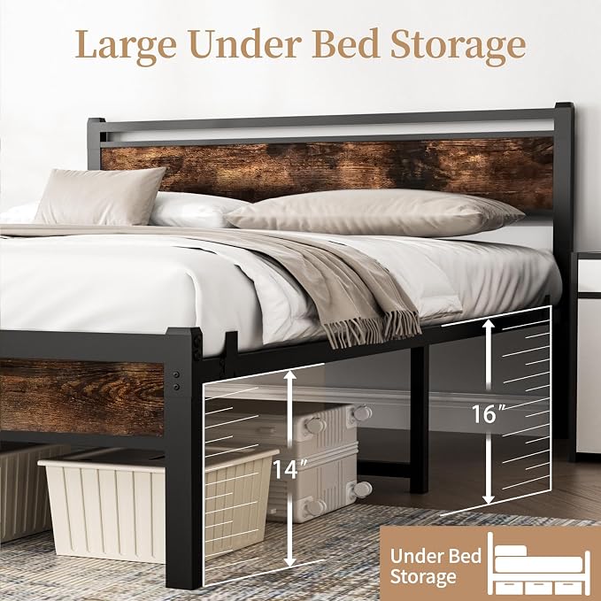 Easy Install 16 Inch Full Size Bed Frame with Headboard&Footboard | Large Under Bed Storage, No Box Spring Needed, Non-Slip Without Noise, Sturdy Steel Frame, Mattress Foundation, Brown
