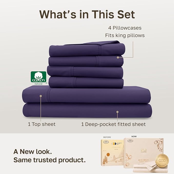 California Design Den 100% Cotton Sateen King Bed Sheets Deep Pocket Set | 6 Pcs with 4 Pillowcases, 400 Thread Count Backed by Good Housekeeping Seal, 16" Deep Pocket, All-Around Elastic - Purple
