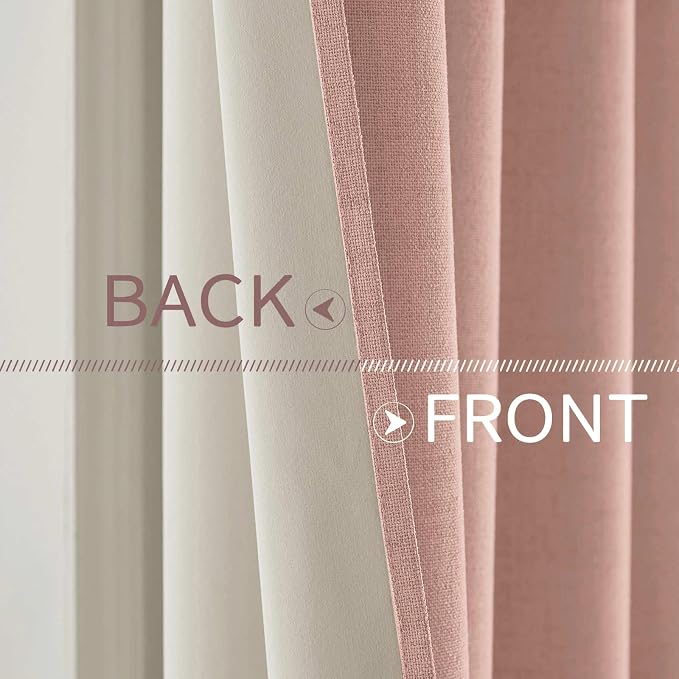 MIULEE 100% Blackout Linen Curtains for Bedroom 52x84 Inches Blush Pink | Room Darkening, Light Blocking, Thermal Insulated, Grommet Top, Linen Textured, Window Curtains for Living Room, 2 Panels