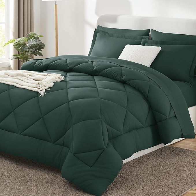 Full Size Comforter Sets Forest Green - 7 Pieces Bed in a Bag | OEKO-TEX Certified, All Season, 240GSM Down-Alternative Comforter, Sheets, Pillowcases & Shams, 14" Deep Pocket, Easy Care