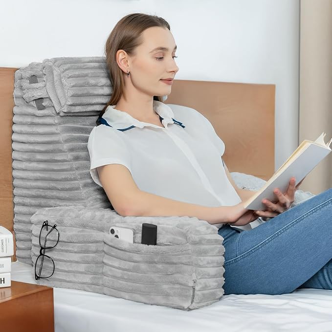 ENITYA 22" XL Back Pillow for Bed Sitting Up with Armrests & Big Pockets | High Density Foam Filling,Washable Cover,Bed Pillow for Sitting Up/Resting/Post Surgery/Watching TV/Gaming,Light Grey