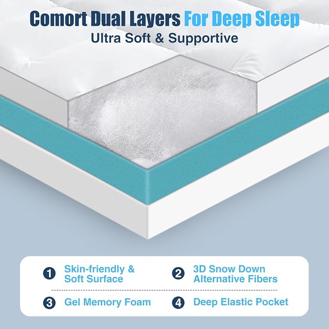 4 lnch Dual Layer Mattress Topper Full Size, 2 Inch Cooling Gel Memory Foam and 2 Inch Soft Pillow Top Mattress Pad Cover for Back Pain, with Elastic Deep Pocket
