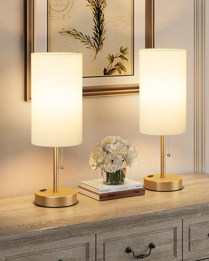 17.4" Gold Bedside Table Lamps Set of 2 - Bedroom Lamp, USB C+A, AC Outlet | 3CCT(3000/4000/5000K), LED Bulbs Included, White Fabric Lampshade, 17.4in Large Lamp for Nightstand, Living Room, Dorm, Desk