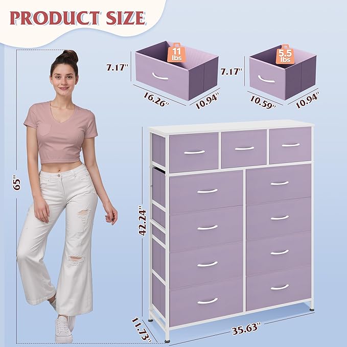 WLIVE Tall Dresser for Bedroom, 11 Drawer Chest of Drawers, Purple | 11 fabric storage drawers, Tall high-capacity design, Bedroom or dorm use, Sturdy steel frame, Smooth wood tabletop