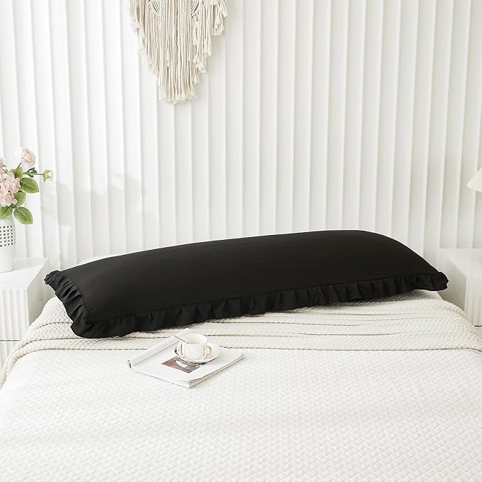 Black Body Pillow Cover 20x54inches Long Pillowcase Ruffled Pillowcases Shabby Chic Ruffled Fringe Decor Body Ruffled Pillow Sham Cute Pillowcase (1 Body, Black)