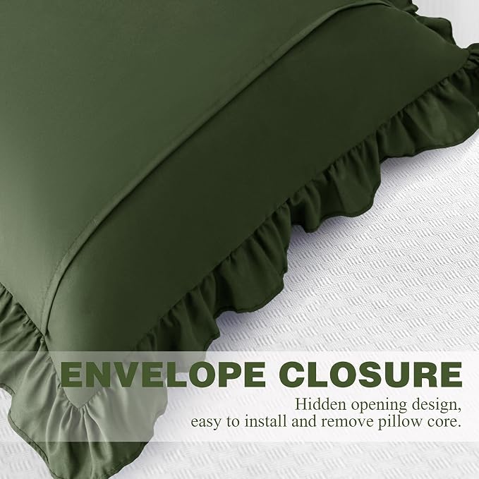KKJIAF 2 Pack Ruffle Pillow Cases 18x18 Inches, Olive Green | Square Ruffled Pillow Covers, Microfiber Wrinkle Resistant Pillow Shams with Envelope Closure for Sofa Bed Living Room