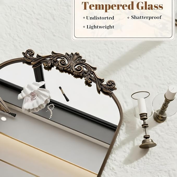 Dewfig Arched Full Length Mirror, 71"x28" Floor Mirror with Carved, Bronze | Antique Full Body Mirror, HD Shatterproof Tempered Glass, Lean/Stand/Wall for Bedroom, Living Room, Cloakroom, Home Decor