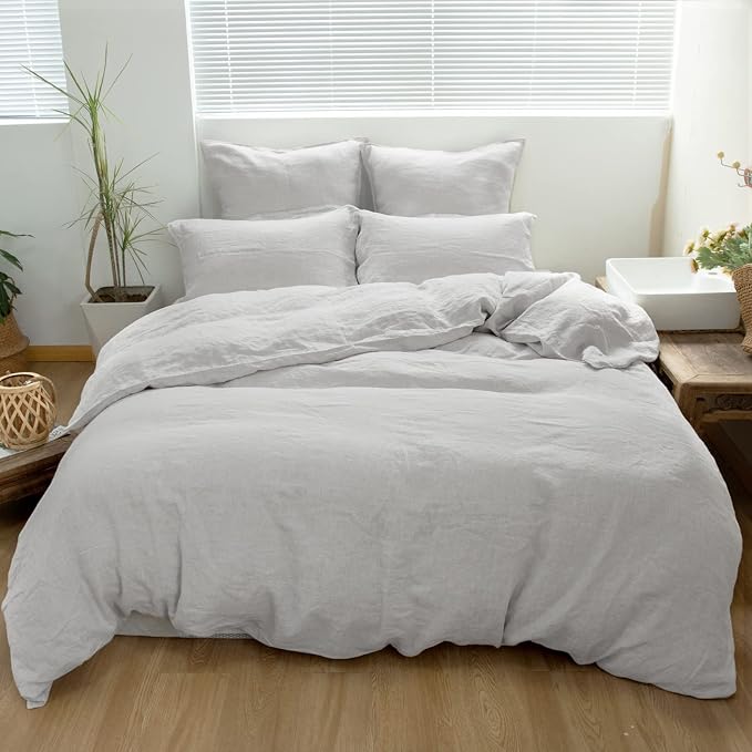 Simple&Opulence 100% Linen Duvet Cover Set 3pcs Basic Style Natural French Washed Flax Solid Color Soft Breathable Farmhouse Bedding with Button Closure - Light Grey, Full