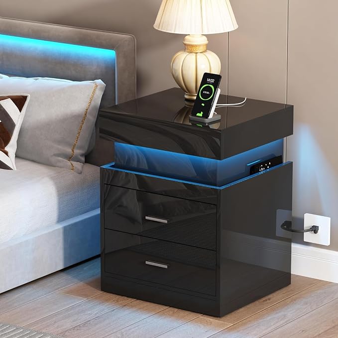 ChooChoo LED Nightstand Set of 2,Smart Night Standwith Charging Station and Sliding Top Storage, Black | Sliding Top Storage, 2-Drawers, High Gloss Bedside Table, Modern End Table, Bedroom, White