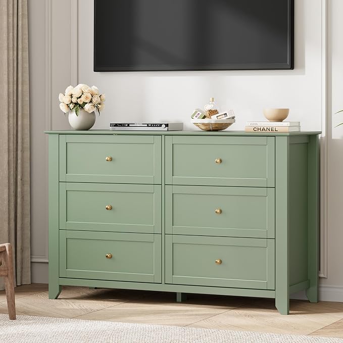 Garvee 6 Drawer Dresser for Bedroom, 47.2" Wide Modern Large Chest of Drawers with Metal Knobs, Wooden Clothes Storage Organizer for Closet, Nursery, Living Room, Apartment, Sage Green | Lacquered Finish, Metal Knobs, Clothes Storage Organizer for Clos...