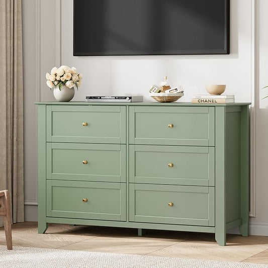 Garvee 6 Drawer Dresser for Bedroom, 47.2" Wide Modern Large Chest of Drawers with Metal Knobs, Wooden Clothes Storage Organizer for Closet, Nursery, Living Room, Apartment, Sage Green | Lacquered Finish, Metal Knobs, Clothes Storage Organizer for Clos...