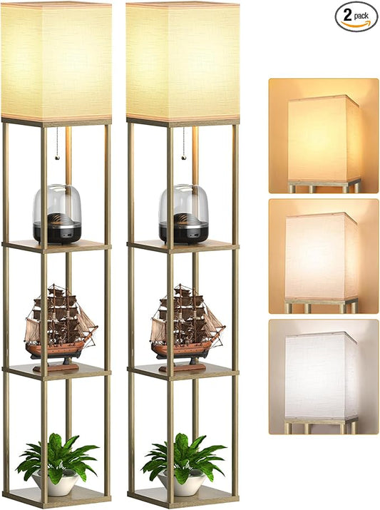 Floor Lamp with Shelves for Living Room Natural Wood 2 Pack, Shelf Floor Lamp with 3 CCT LED Bulb, Corner Display Standing Column Lamp Etagere Organizer Tower Nightstand for Bedroom Office
