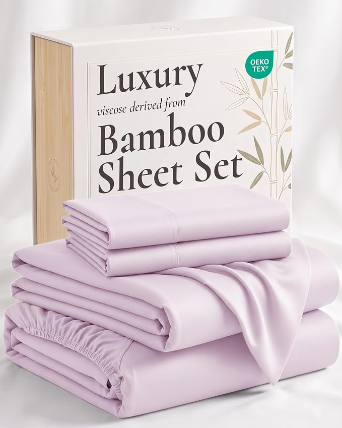 Hotel Sheets Direct 4 Piece Bed Sheet Set Queen Size, 100% Viscose Derived from Bamboo Sheets Set with 2 Pillowcases, Cooling & Breathable Luxury Bedding, Moisture-Wicking & Silky Soft, Light Pink