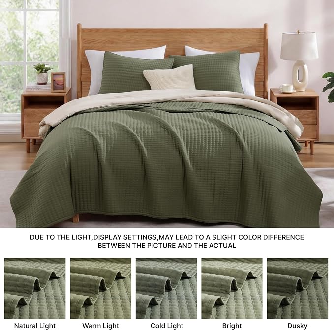 Queen Quilt-Lightweight Bedspreads Olive Green Queen Size Quilt Bedding Set | Soft Coverlet with 2 Pillow Shams for All Seasons, Suitable for Bed, Couch, 3 Pieces, 90"x94"
