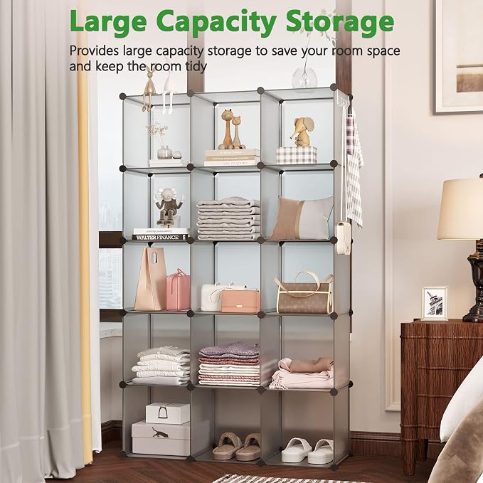 C&AHOME 16 Cube Storage Organizer Cube Shelves Units Storage Cubes, Grey | Plastic DIY Closet Organizer, Stackble Modular Closet Storage Shelves Ideal for Home, Bedroom, 48.4" L × 12.4" W × 48.4" H