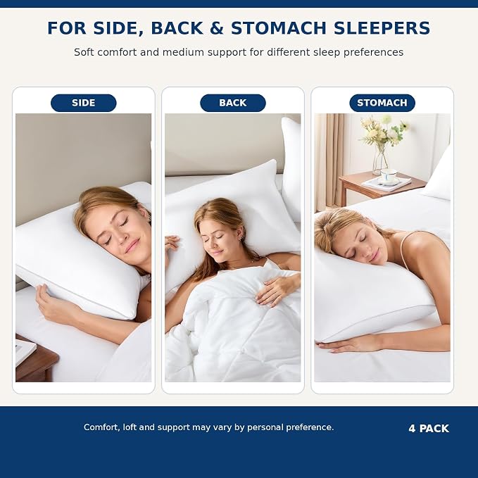 CozyLux Bed Pillows King Size Set of 4, 19" x 34", Medium Support | Soft Supportive Down-Alternative Pillows for Side, Back & Stomach Sleepers, OEKO-TEX Certified, Hotel Quality, Washable