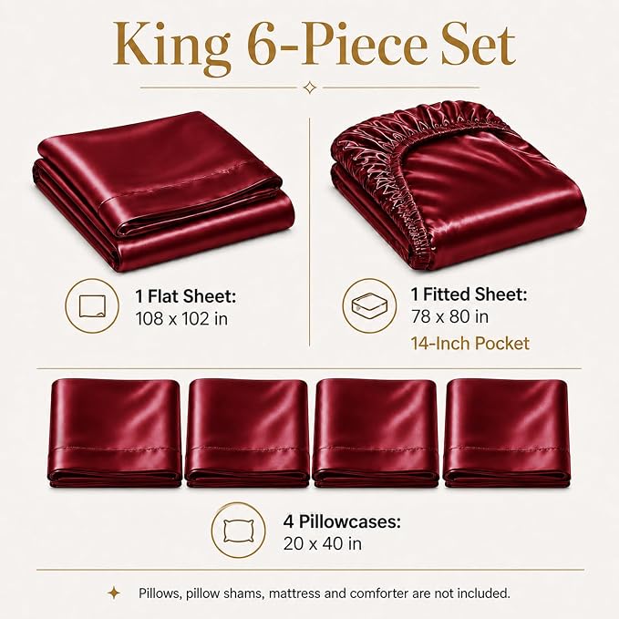 CozyLux Satin Sheets King, 6-Piece 14-Inch Deep Pocket Sheet Set | OEKO-TEX Certified Silky Soft Sheet Set for Hair & Skin, Luxurious Silky-Smooth Satin for Elegant Bedroom Decor, Burgundy