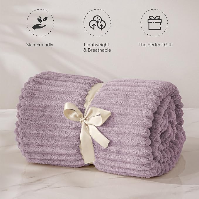 BEDELITE 3D Ribbed Dusky Violet Fleece Twin Blanket for Couch, 60x80 Inch | Soft Warm Fluffy Throw Blanket for Bed Sofa College Dorm Room Decor, Luxury Cozy Plush Gifts for Women Girls, Lightweight